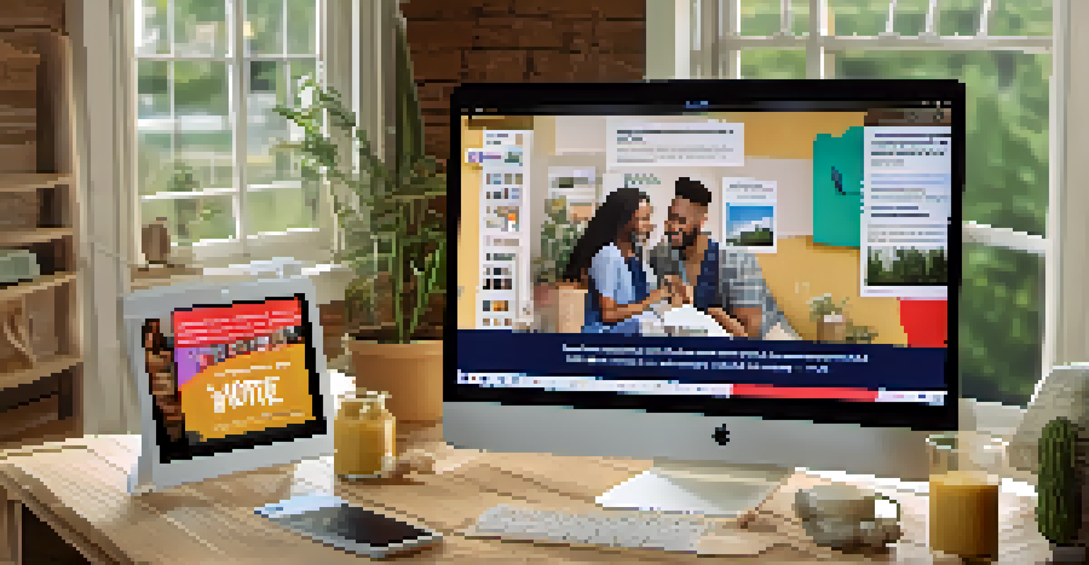 A cozy home setting with a computer displaying a social media campaign about voting, featuring a diverse individual sharing their experiences on a video call.