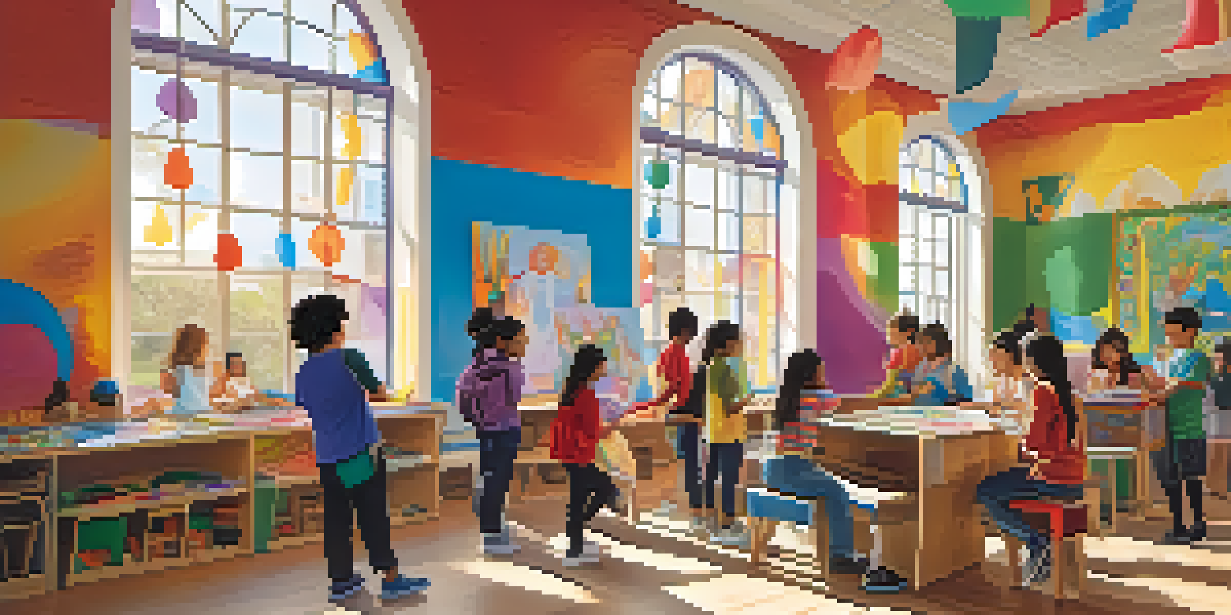 A colorful classroom with diverse students engaged in art activities such as painting, sculpting, and music, with bright natural light and decorated walls.