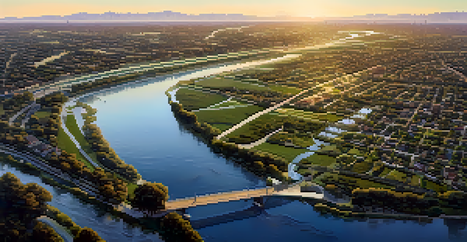 An aerial view of clean rivers in Compton, surrounded by greenery and urban development.
