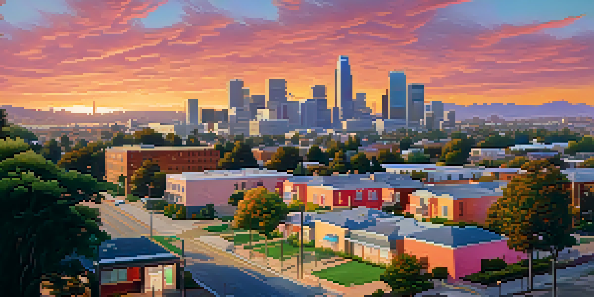 A colorful sunset over Compton's skyline, with the Mayor's office in front, lush parks, and residents engaged in activities.