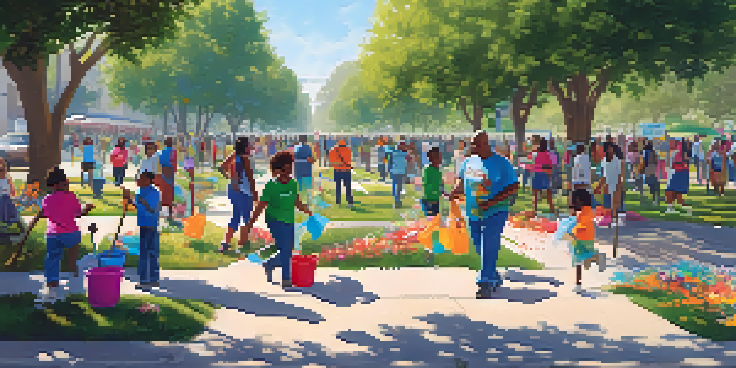 Residents of Compton participating in a community clean-up event, collecting litter in a green park under bright sunlight.