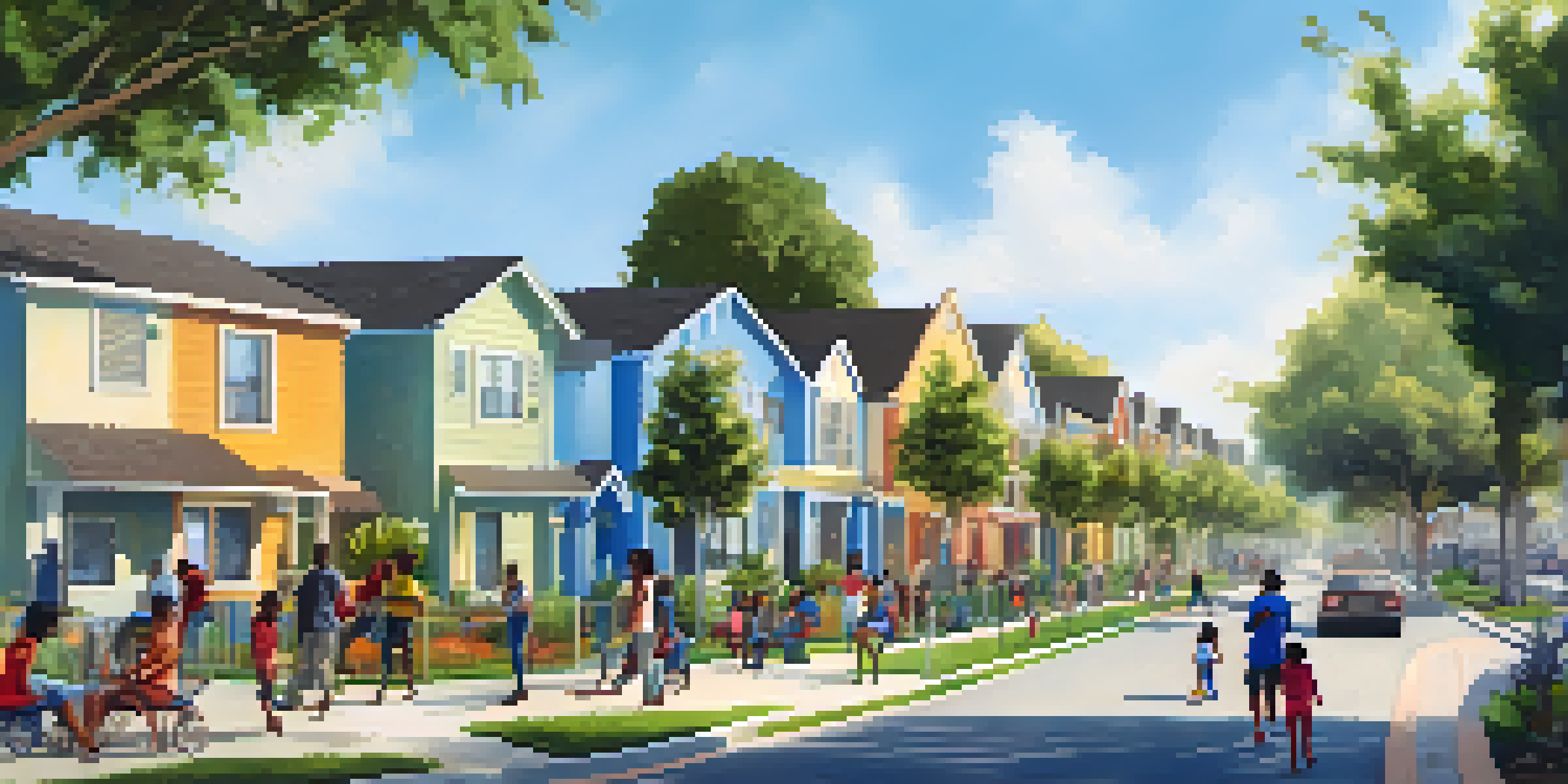 A lively street scene in Compton with diverse residents enjoying a community park near modern mixed-income housing.