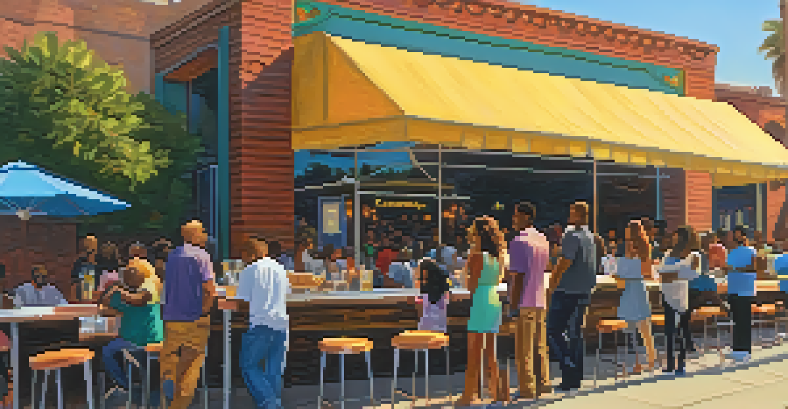 An outdoor community event at a Compton bar, with locals enjoying food and live music under colorful decorations.