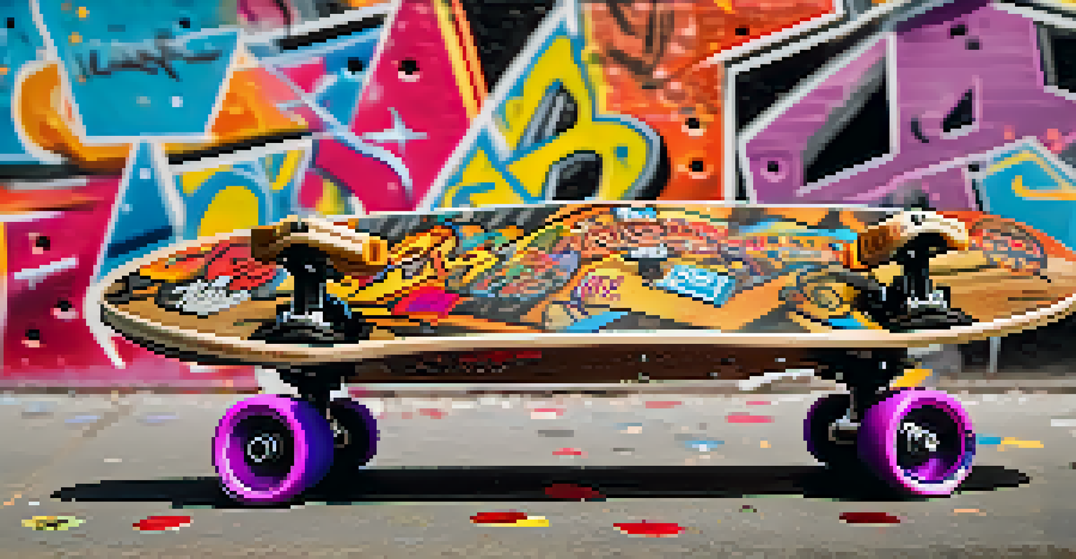Close-up of a skateboard with stickers on a graffiti-covered sidewalk, showcasing hip-hop culture.