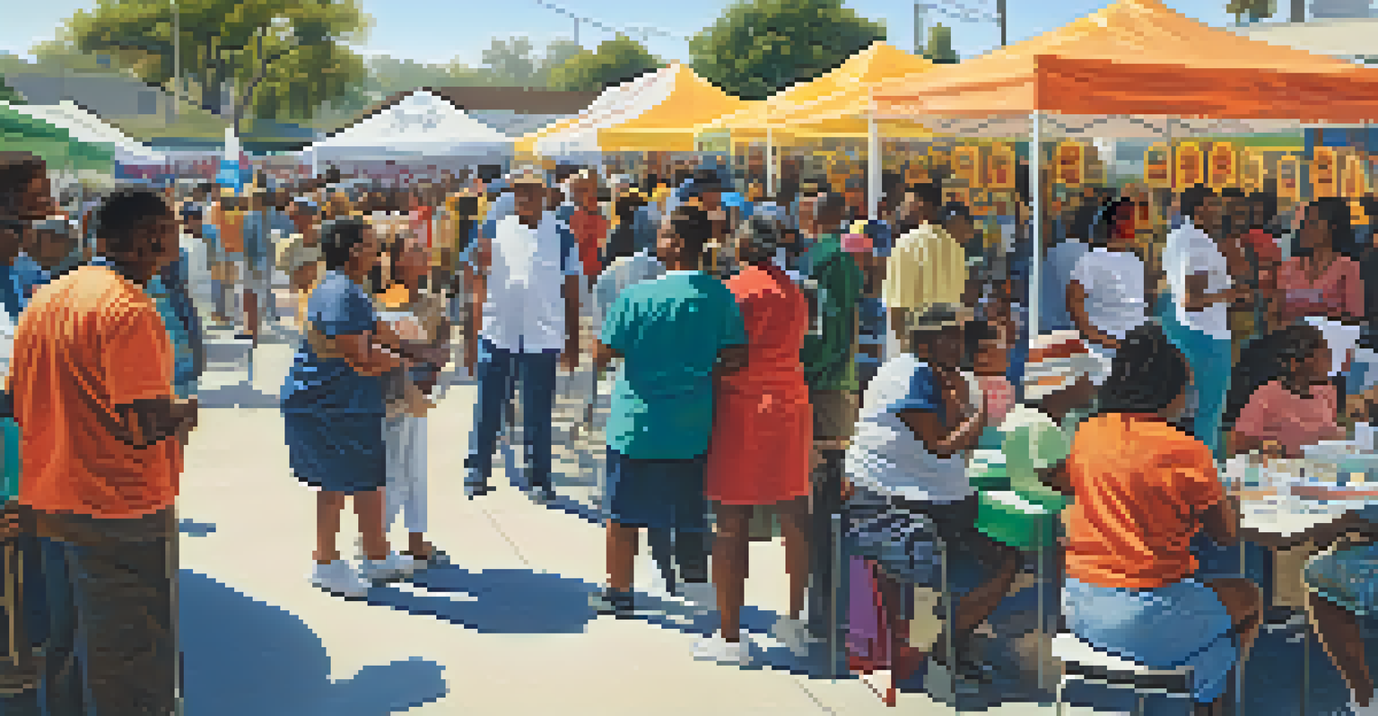 Residents participating in a health awareness event outdoors, with colorful banners and booths promoting preventive care.