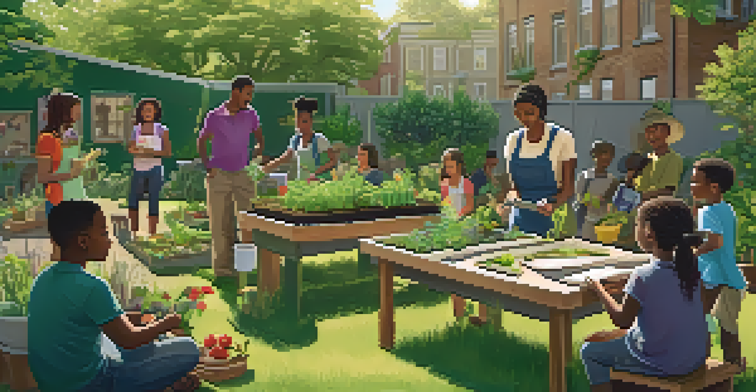 A workshop in an urban garden, with a diverse group learning about composting and sustainable gardening techniques.