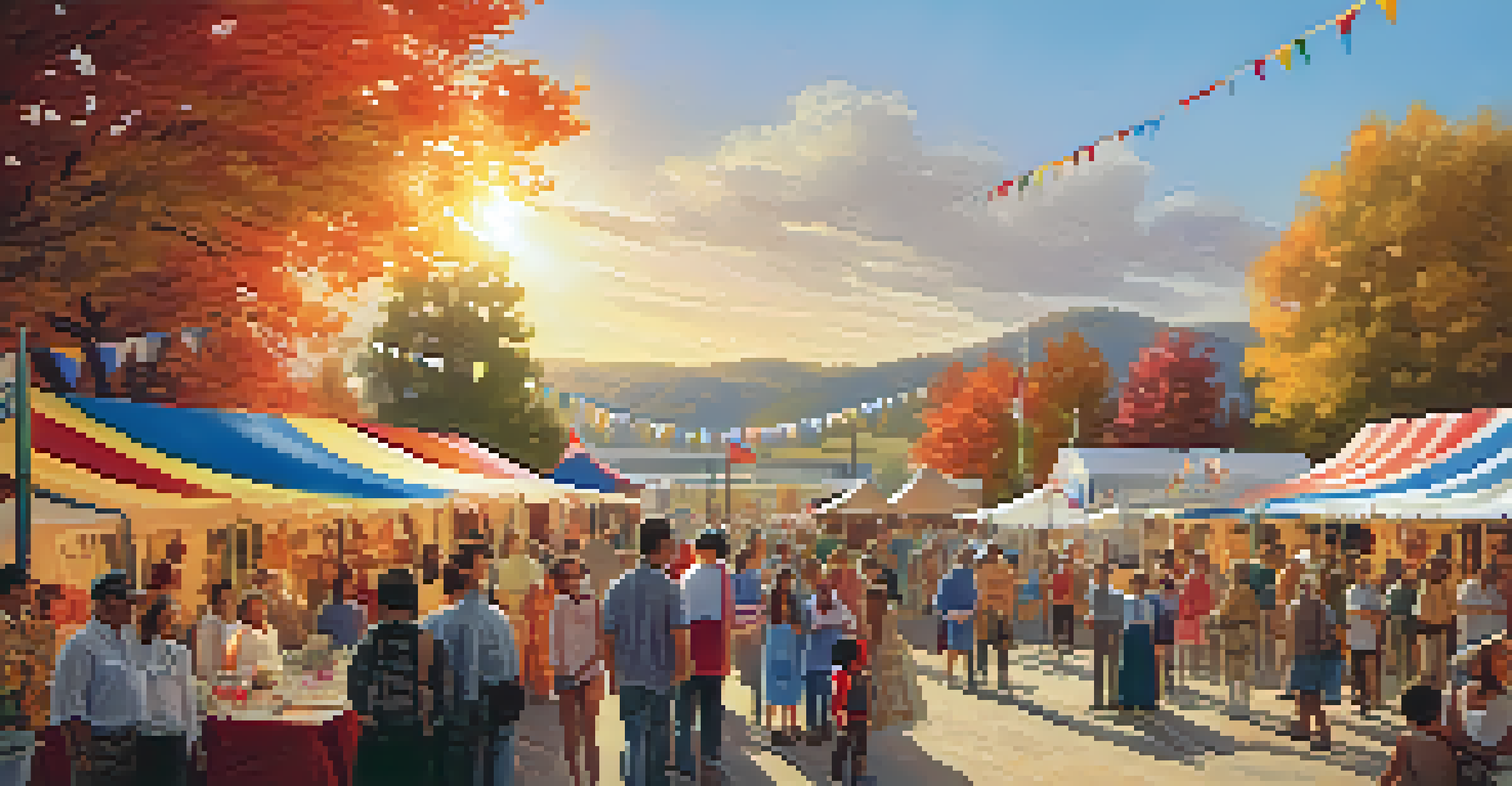 Families enjoying a community event with cultural displays and historical artifacts, set against a sunset backdrop.