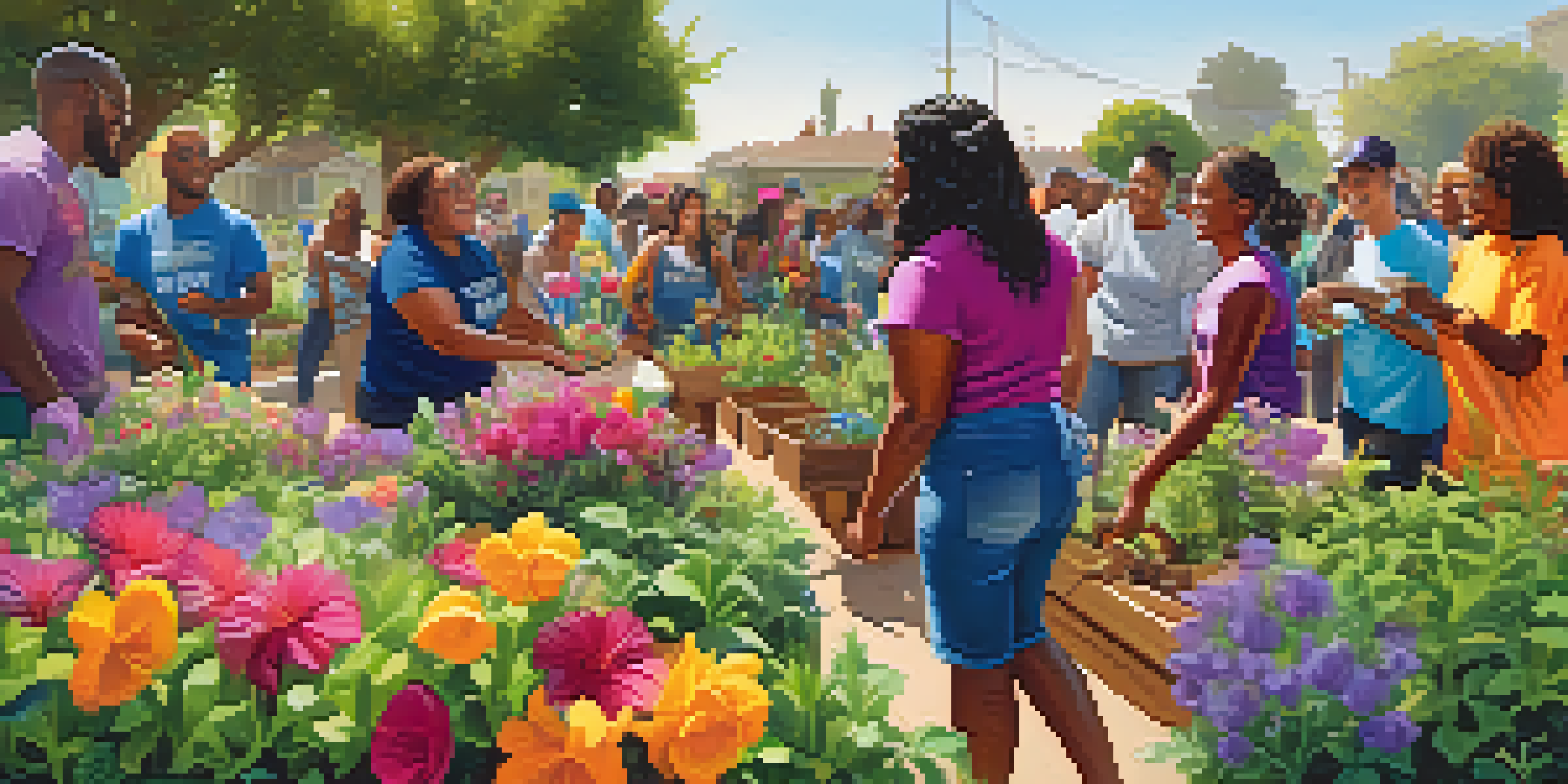A diverse group of volunteers working together in a community garden with colorful flowers and greenery, under warm sunlight.