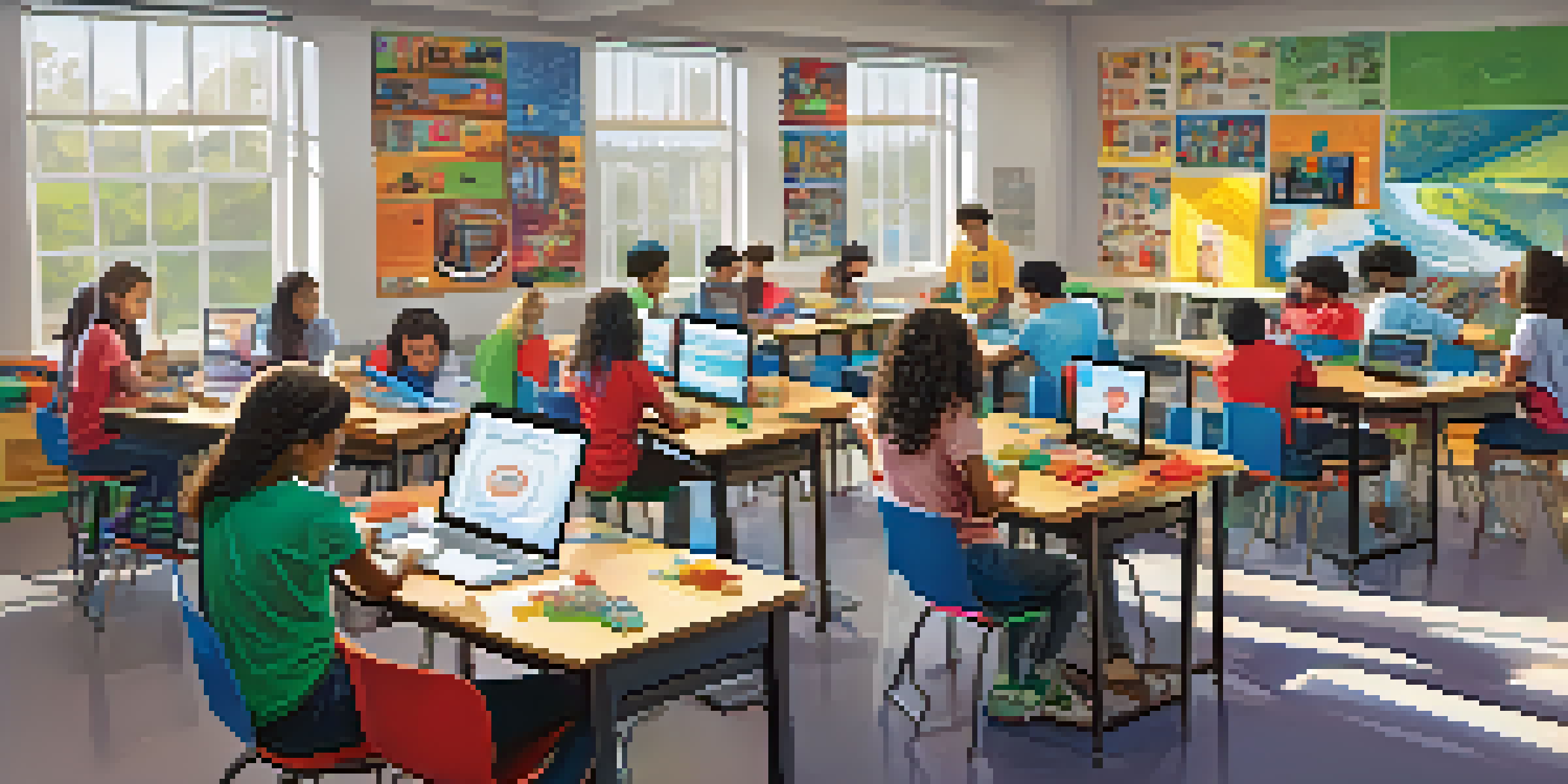 A diverse group of students working on a robotics project in a colorful classroom filled with educational posters and natural light.