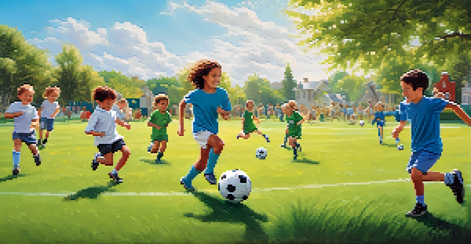Children playing soccer on a green field, showcasing teamwork and joy in a sunny outdoor setting.