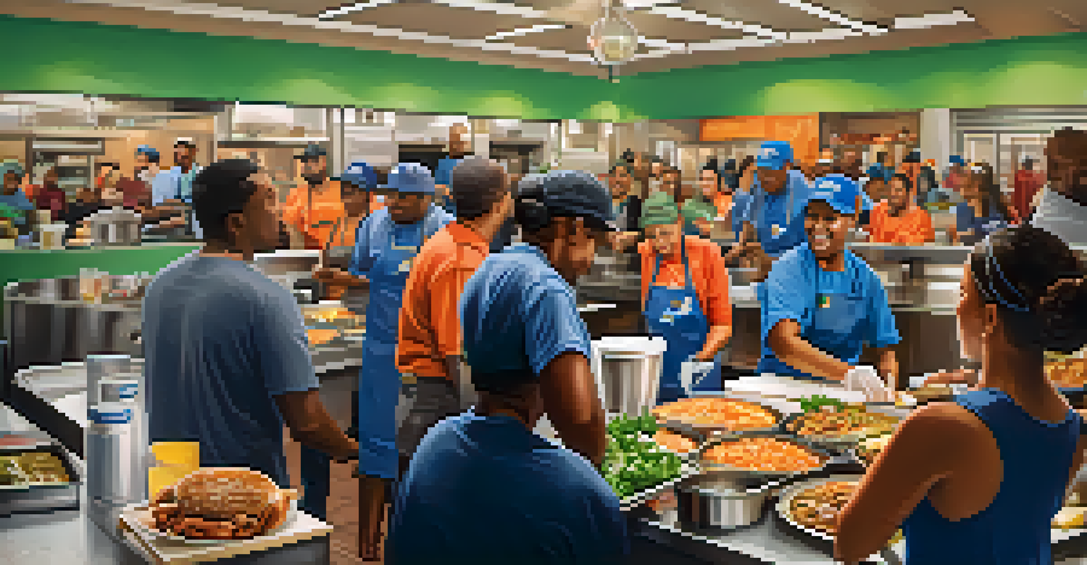 Volunteers at a restaurant in Compton serving meals to families in need at a food distribution event, showcasing a warm community atmosphere.
