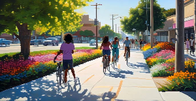 A lively urban path with people walking and biking, surrounded by trees and local shops, illuminated by sunlight.