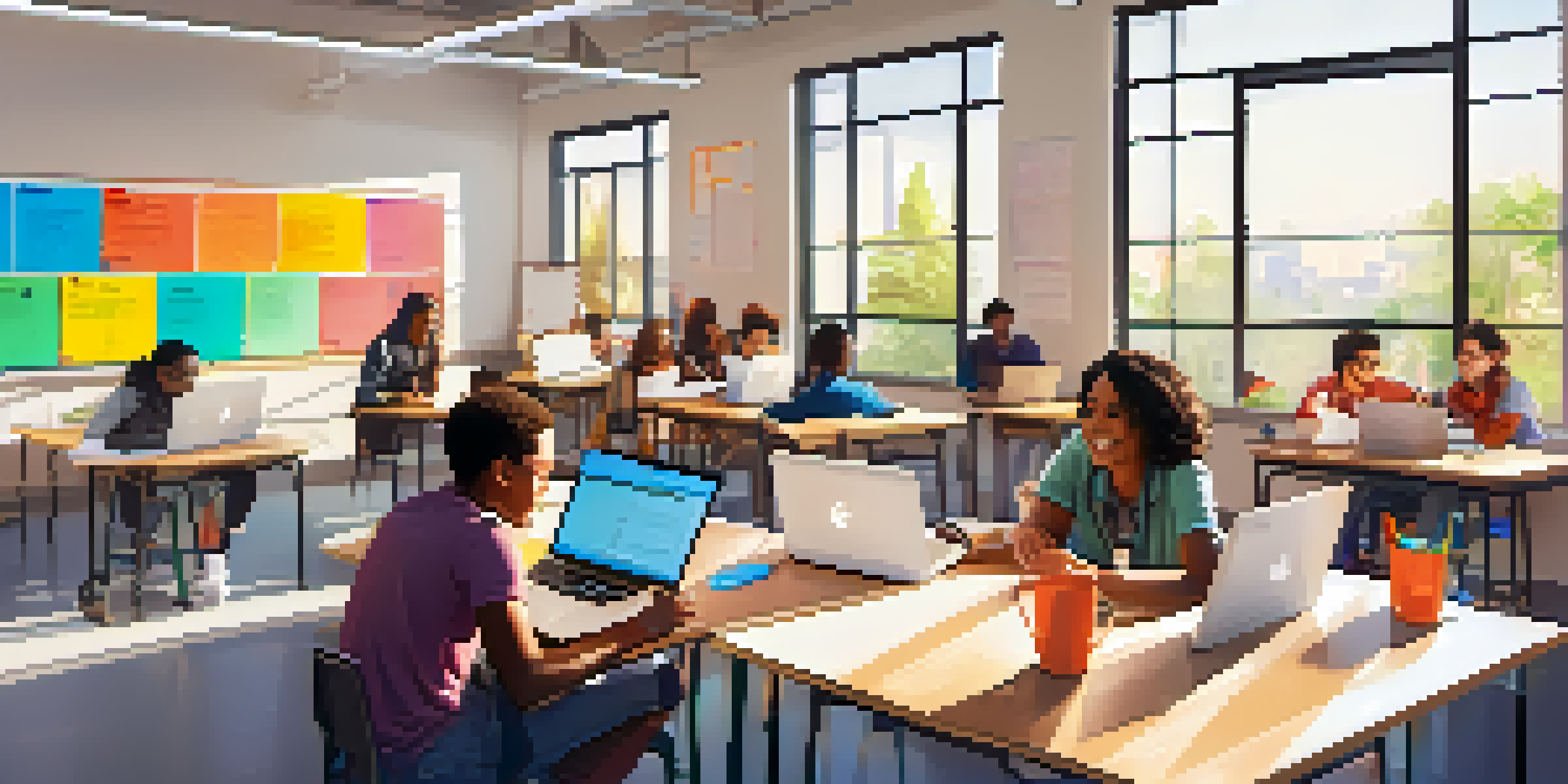 A vibrant classroom scene with diverse students participating in a coding workshop, collaborating on laptops, and surrounded by educational materials.