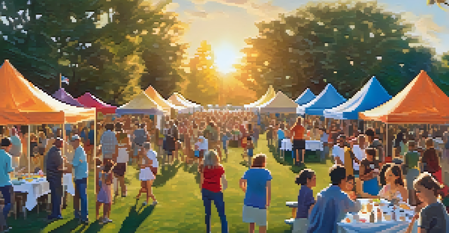 A community art event in a park with families enjoying booths of artwork, crafts, and live performances under a golden sunset.