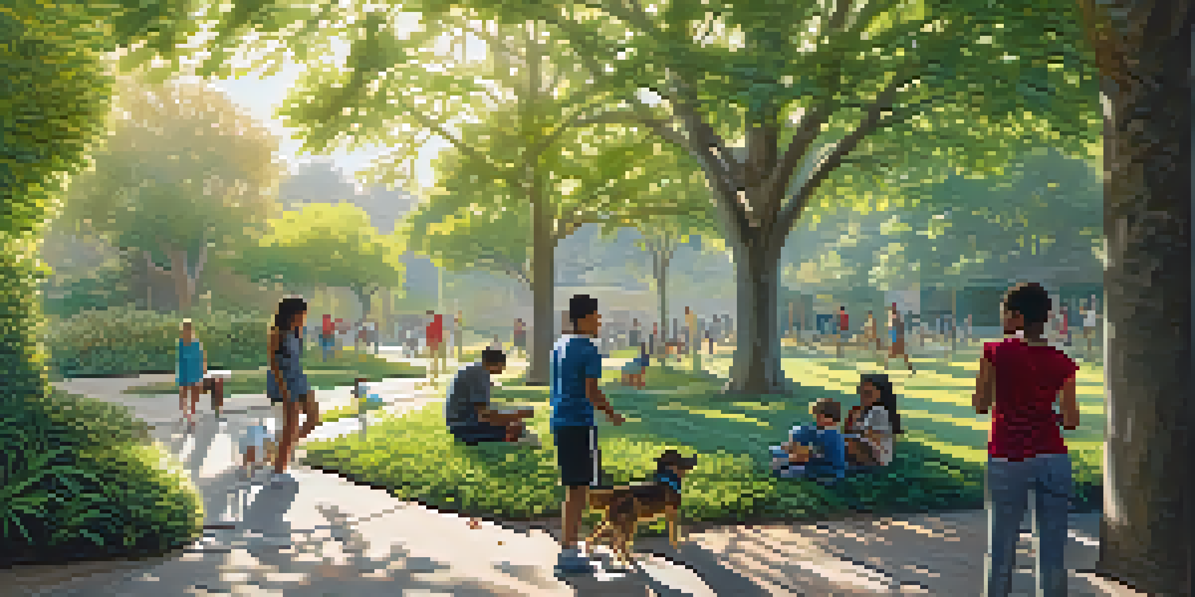 An artist painting a mural in a park in Compton, with children playing and sunlight filtering through the trees.