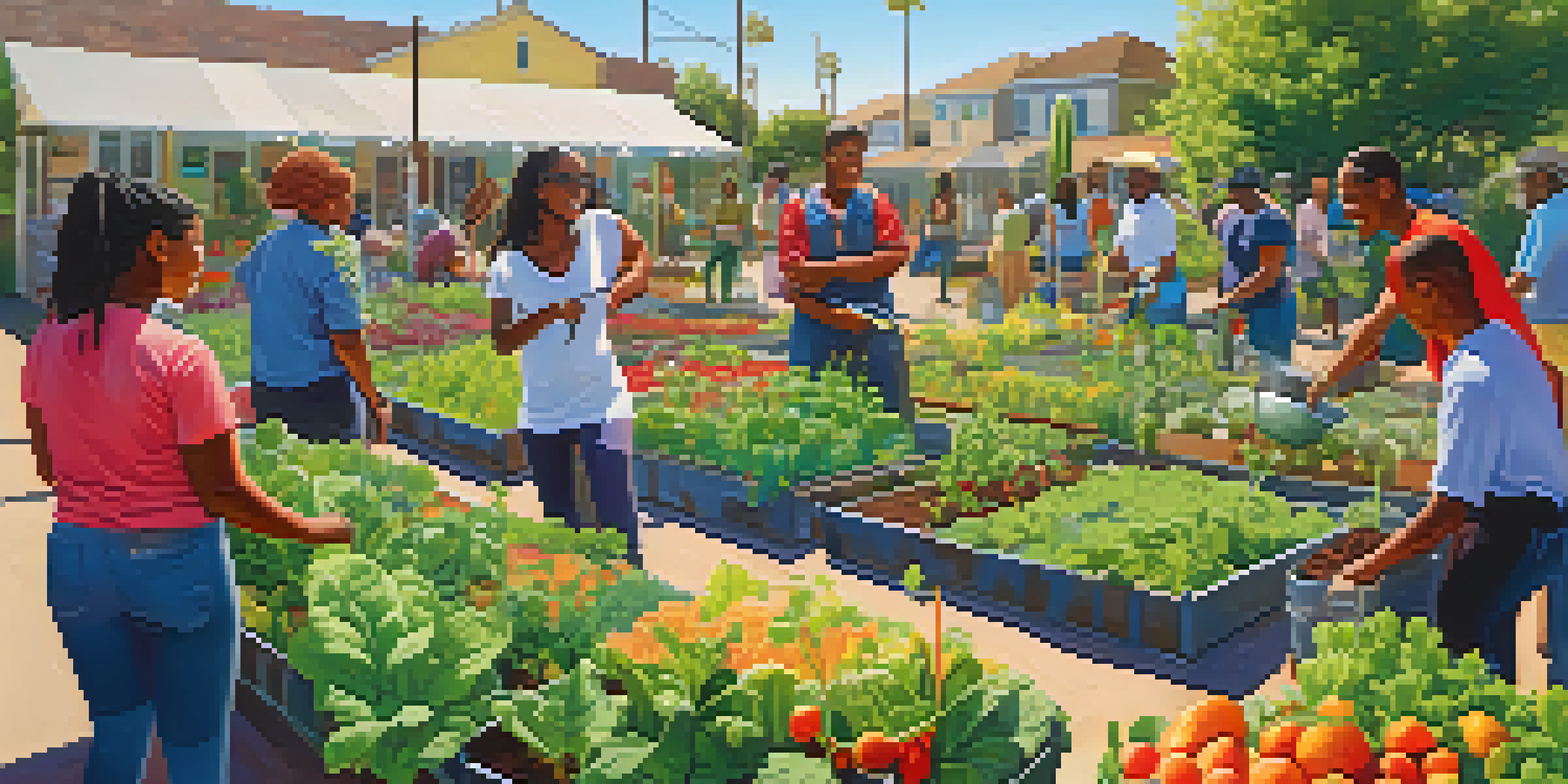 A community garden in Compton with diverse residents growing fruits and vegetables, surrounded by colorful plants and bright flowers under blue skies.