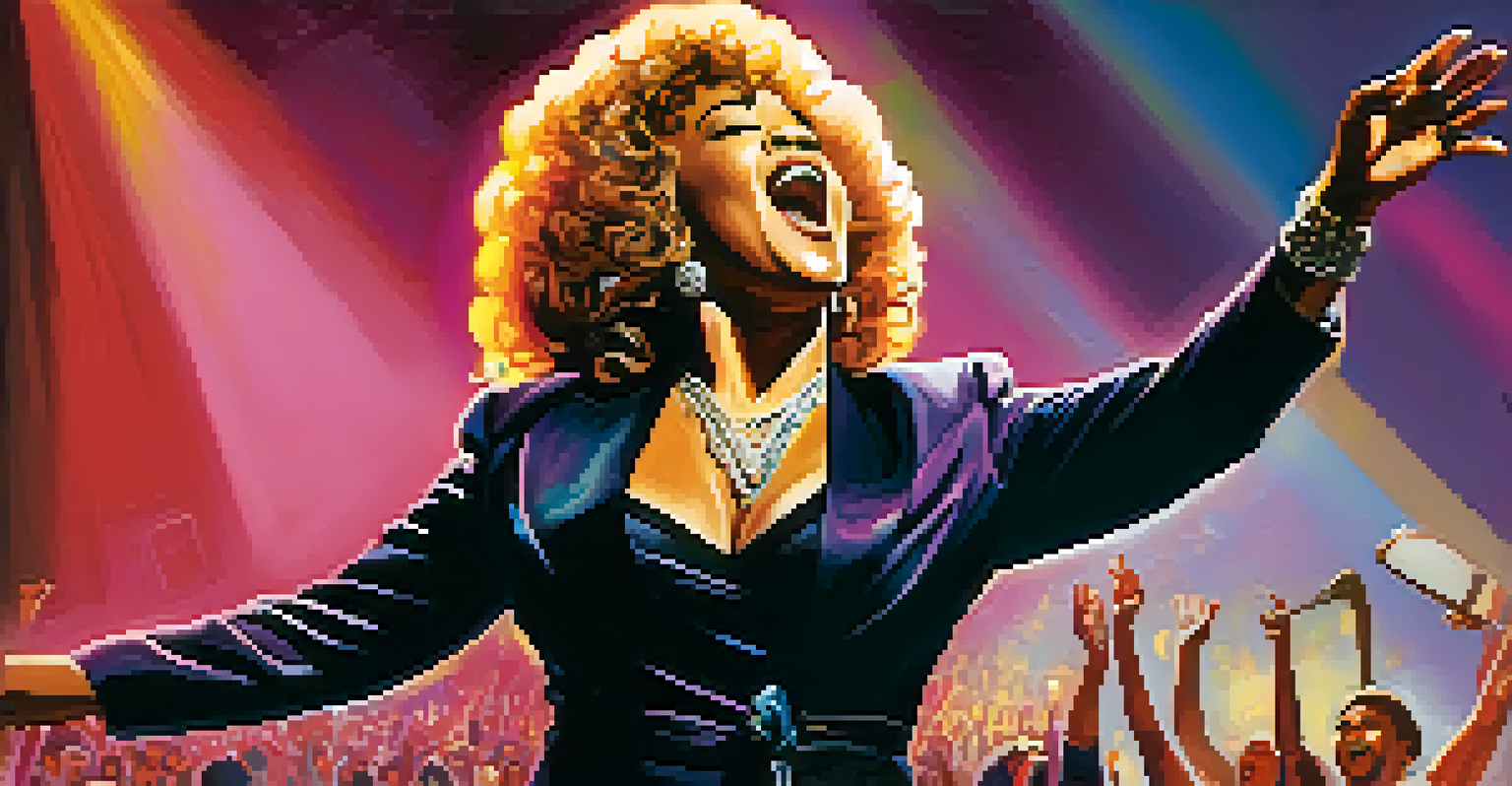 Etta James performing on stage with colorful spotlights and an engaged audience.