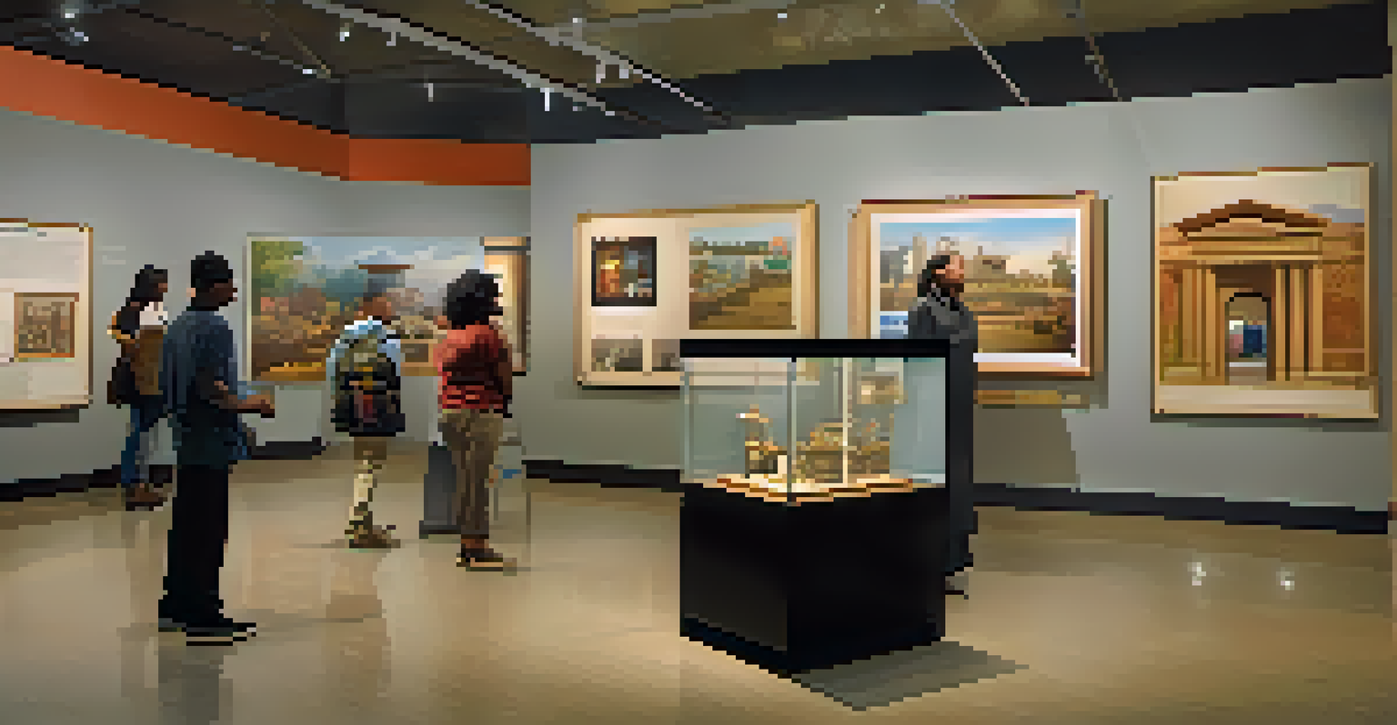 Inside a local museum in Compton, showcasing diverse cultural exhibits with visitors engaging in discussions under soft lighting.