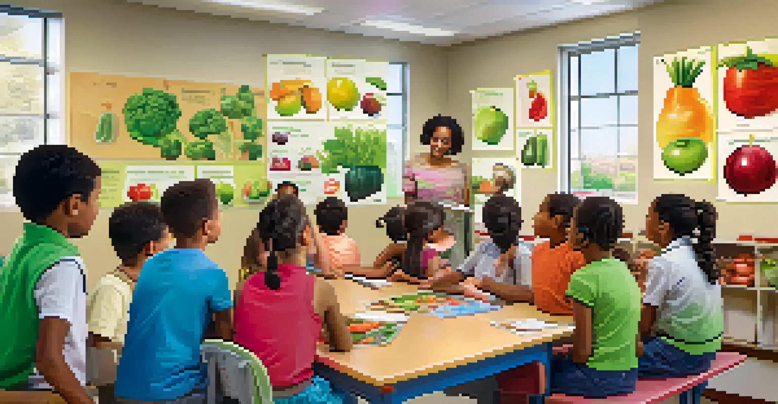Children in a classroom learning about healthy food choices from a teacher with fruits and vegetables.