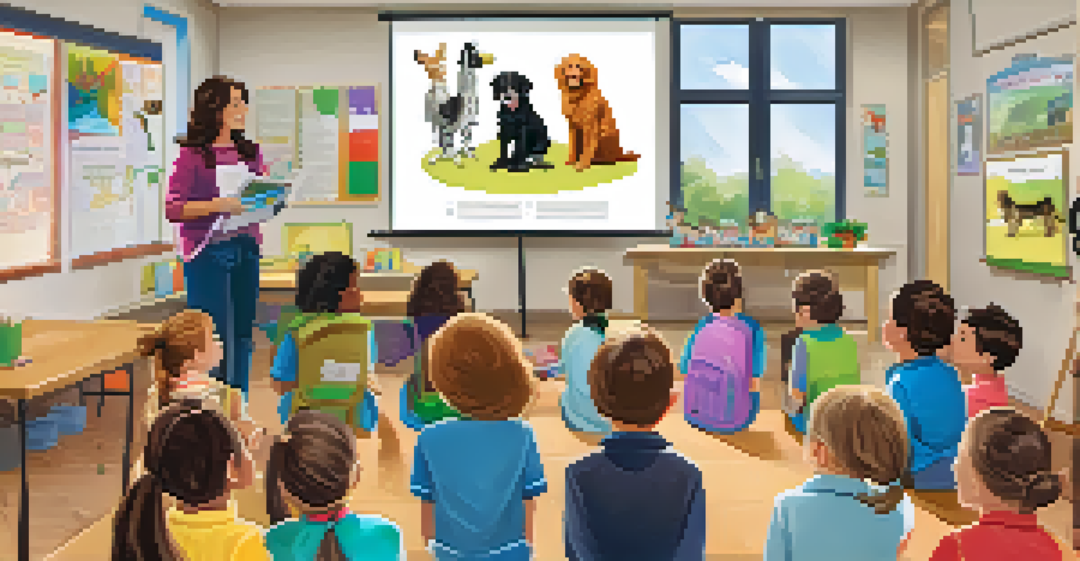 Children participating in an educational workshop about responsible pet ownership, with colorful animal posters in the classroom.