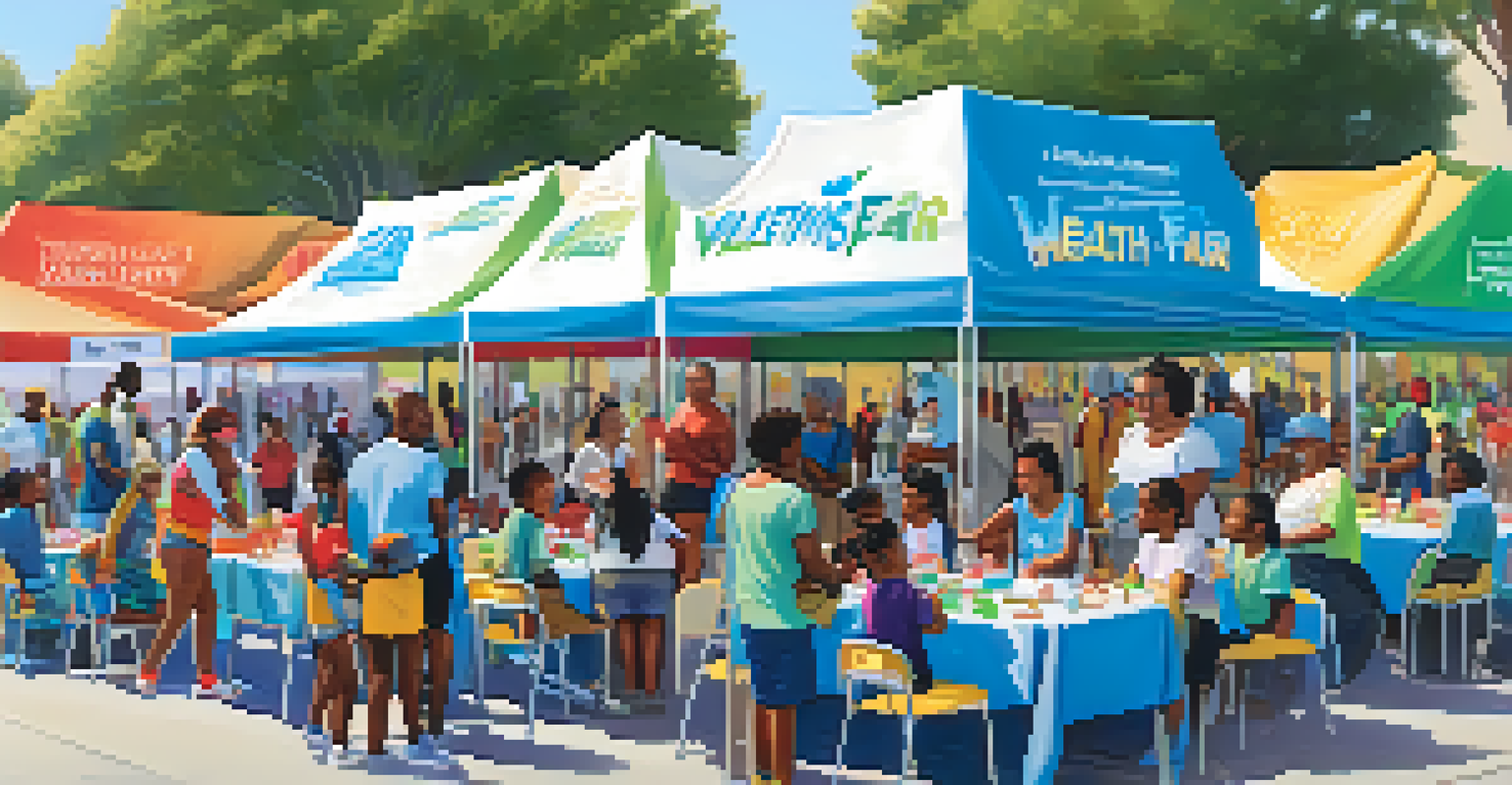 A lively community health fair with volunteers promoting wellness programs, featuring tables of brochures and activities for families.