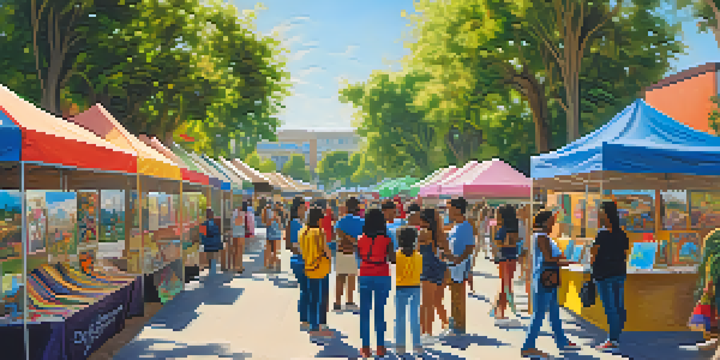 A lively art fair in Compton with students showcasing their artwork, families interacting, and a sunny backdrop with greenery.