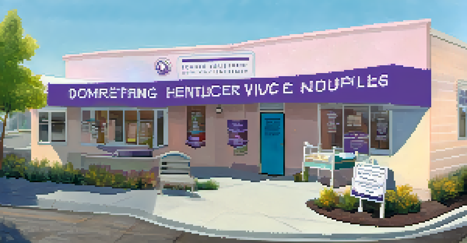 A brightly colored support center for domestic violence victims, with welcoming banners and people entering.