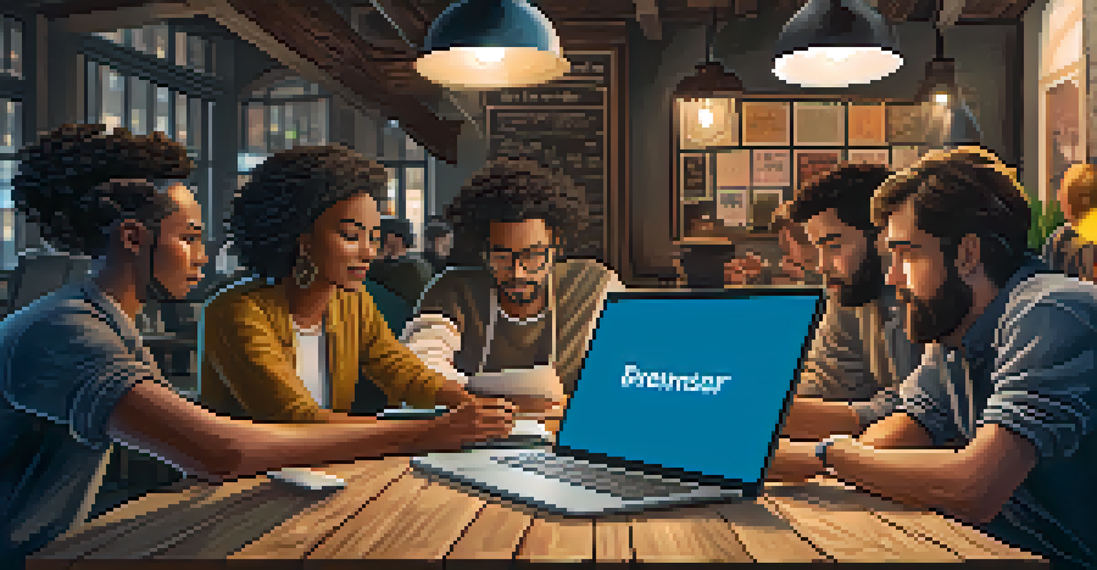 Close-up of hands working on a laptop, with a diverse group of startup founders brainstorming in a cozy café setting, highlighting collaboration and creativity.