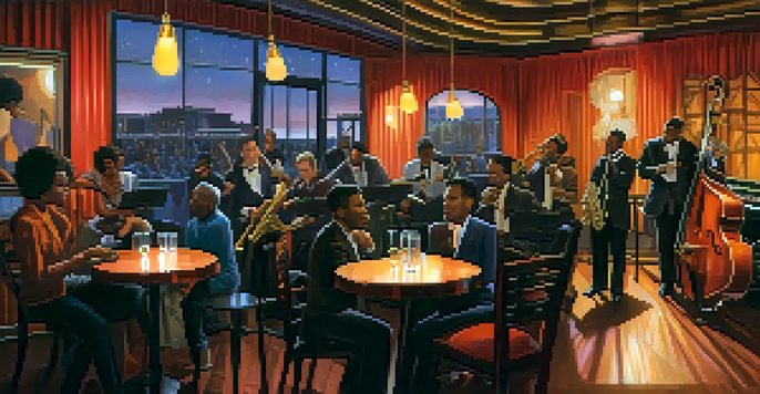 A lively jazz performance in a cozy club in Compton, showcasing diverse musicians and a warm ambiance.