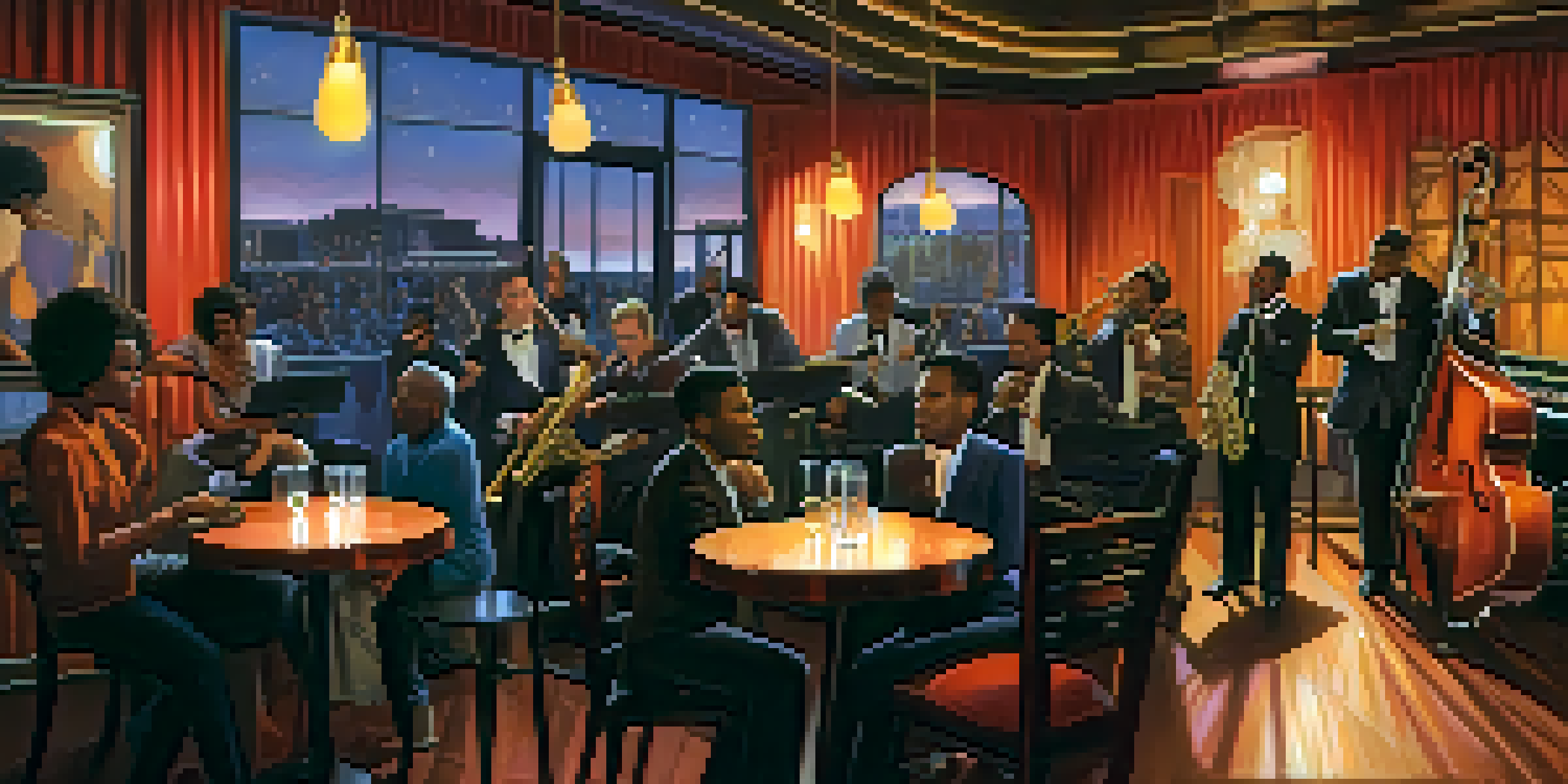A lively jazz performance in a cozy club in Compton, showcasing diverse musicians and a warm ambiance.