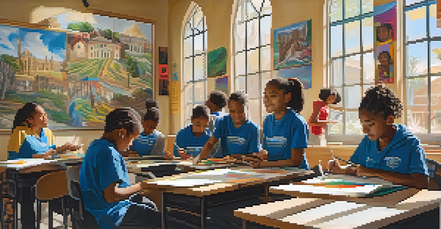 Students in a classroom working on an art project with a local artist, surrounded by colorful artwork.