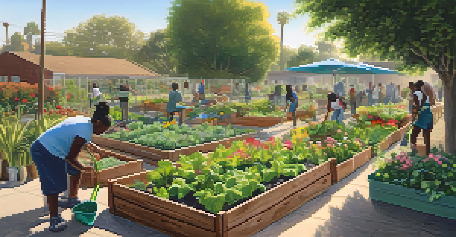 A community garden in Compton, showcasing residents gardening among lush plants and vibrant flowers in sunny weather.