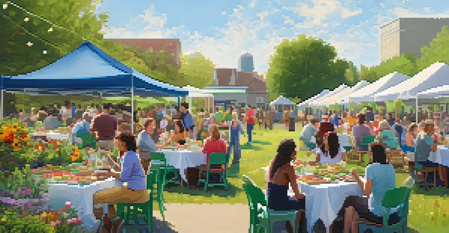 A community gathering at an urban farm with tables full of food, people socializing, and lush greenery around.
