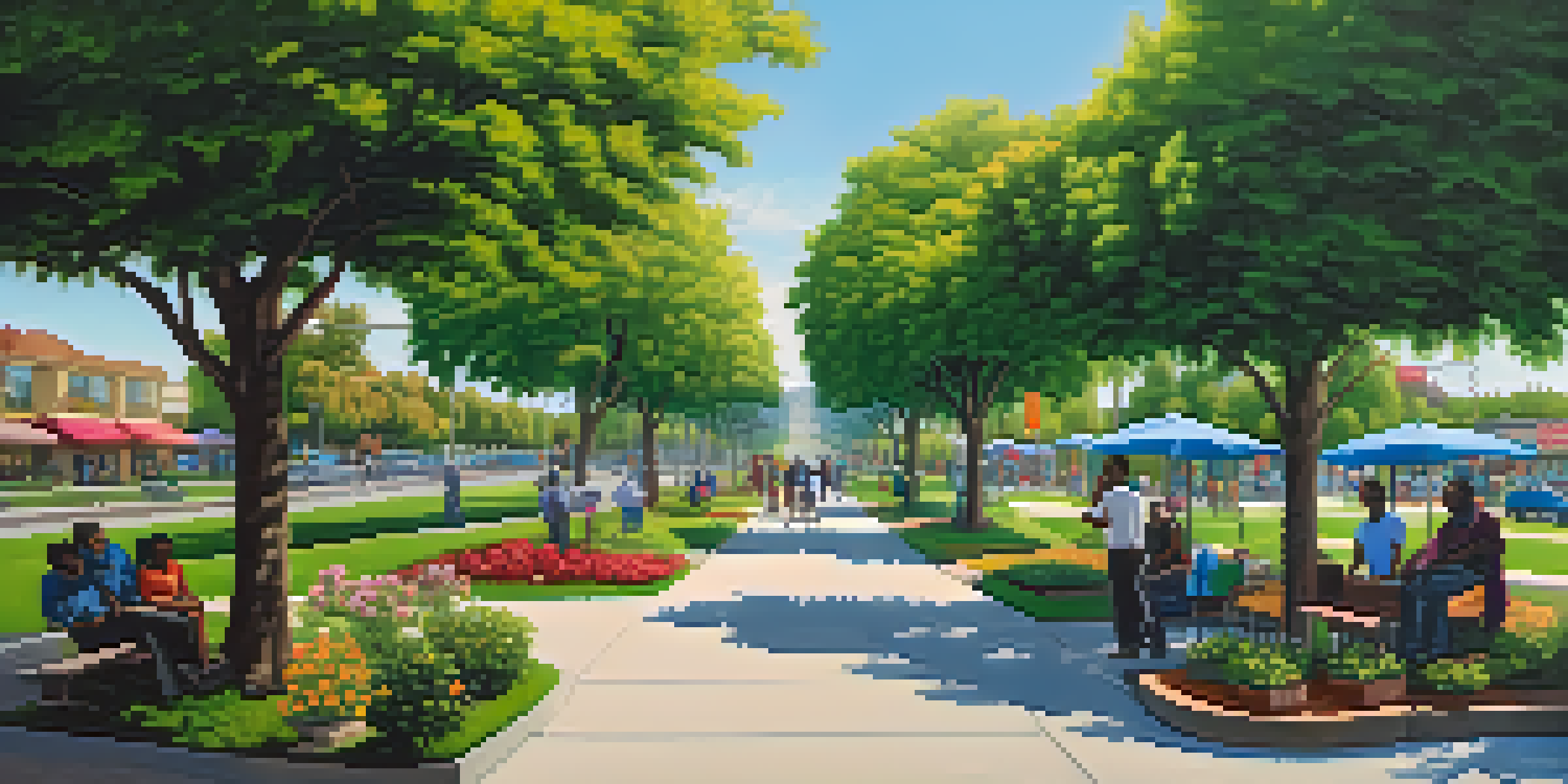 A lively park in Compton with diverse people enjoying the space, surrounded by trees and flowers, featuring smart streetlights and CCTV cameras.