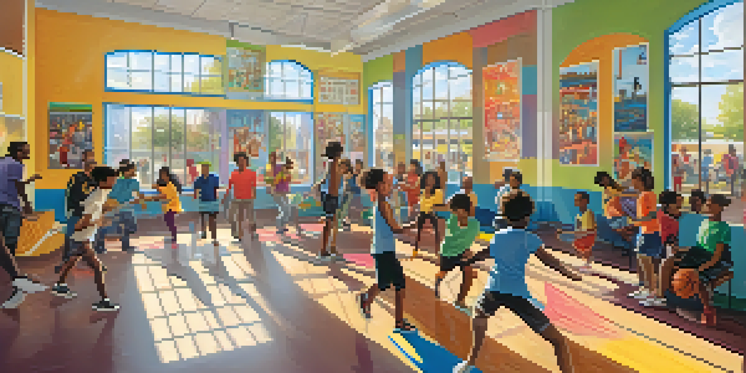 A community center where diverse young people are involved in creative and athletic activities, with colorful murals and bright sunlight.