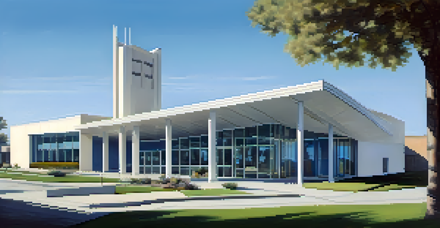 A modern church with flat roof and large windows, showcasing a bright and airy atmosphere under a clear blue sky.