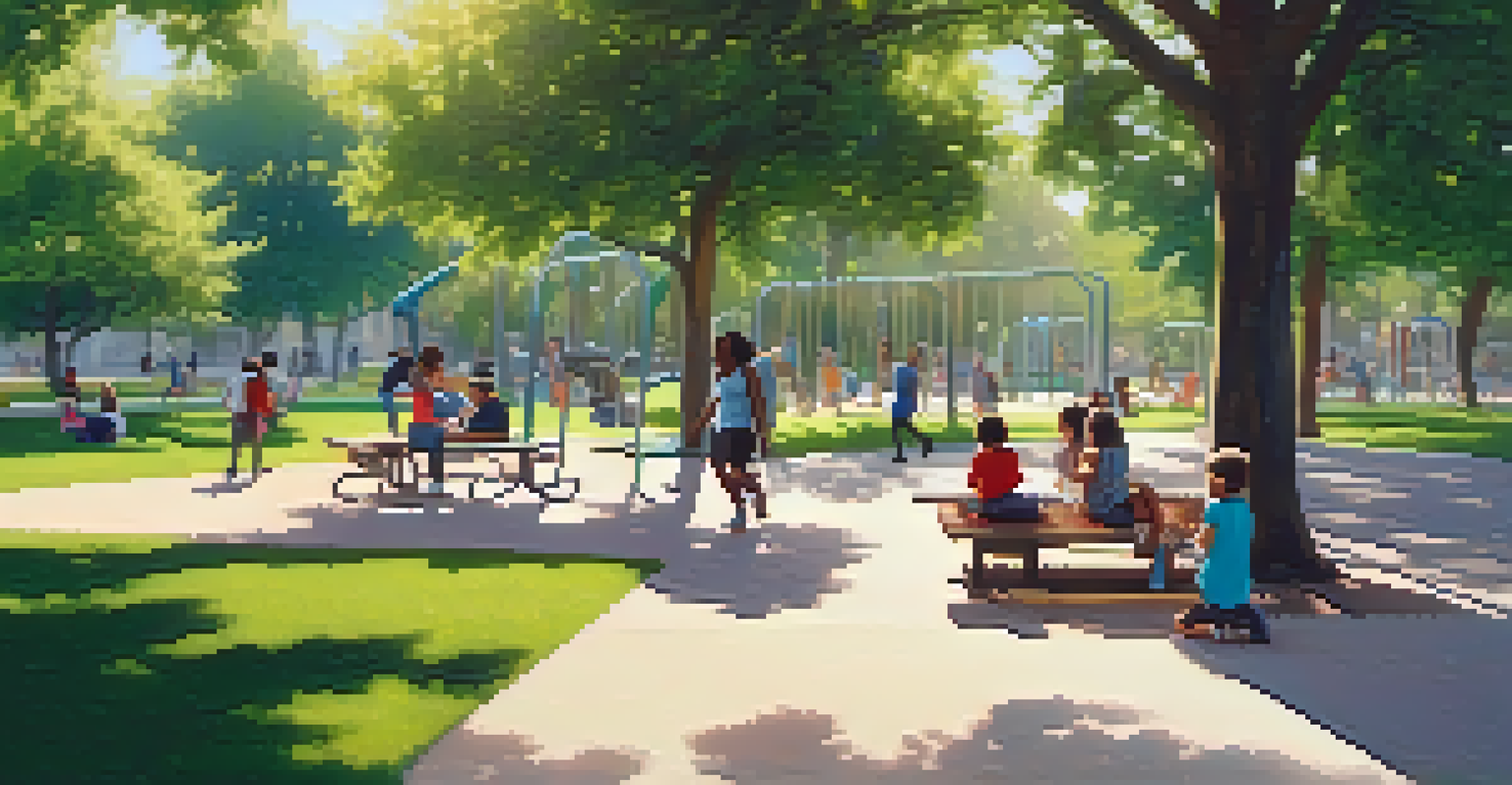 A vibrant urban park in Compton with families enjoying the playground and greenery.