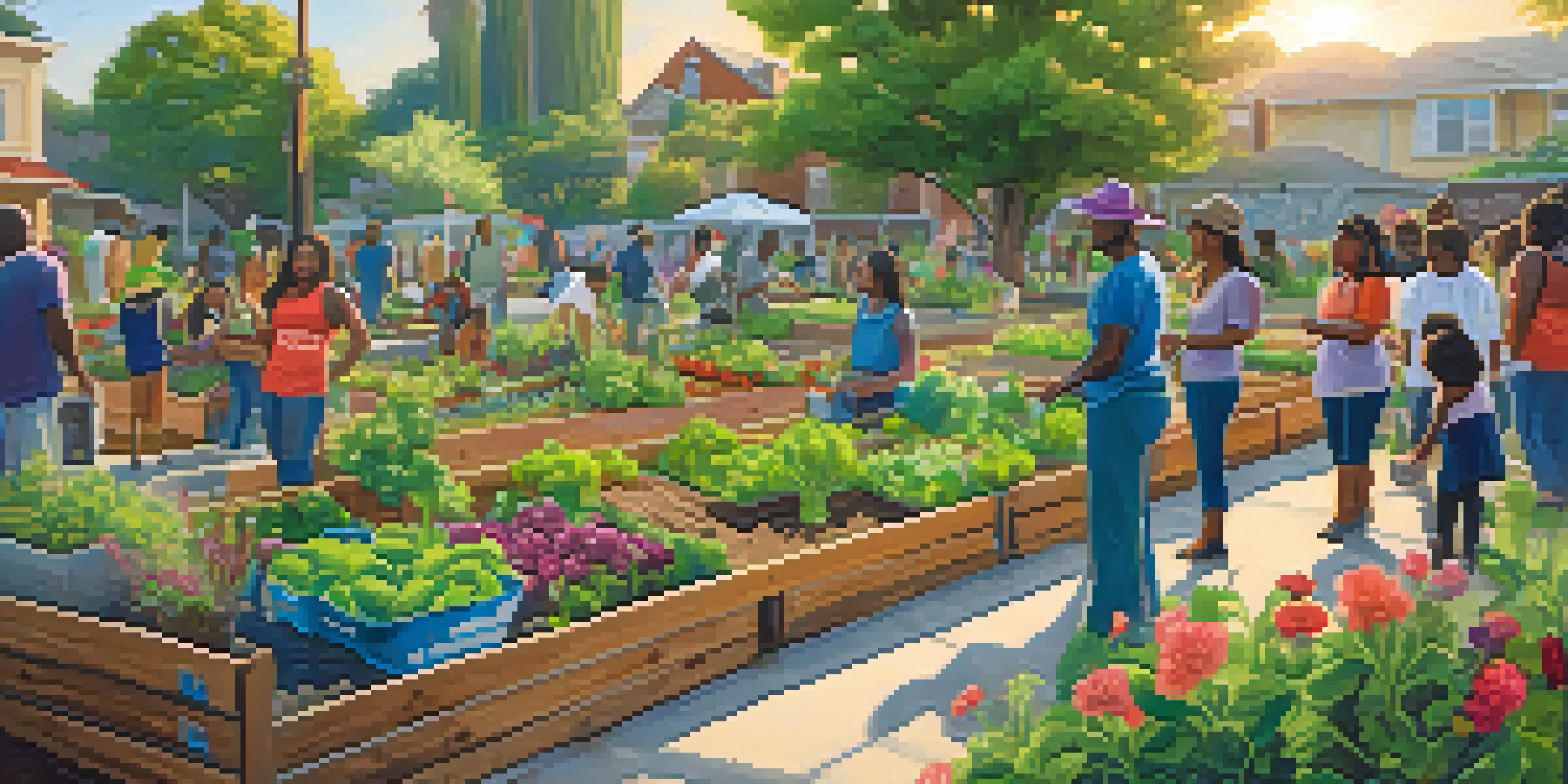 A lively community garden with diverse people planting vegetables, surrounded by colorful flowers and greenery, under the warm sunlight.