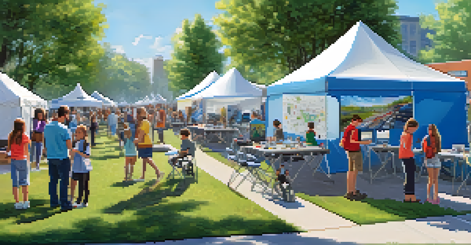 A lively community tech event featuring families and individuals engaging in various tech activities, surrounded by tents and local business displays.