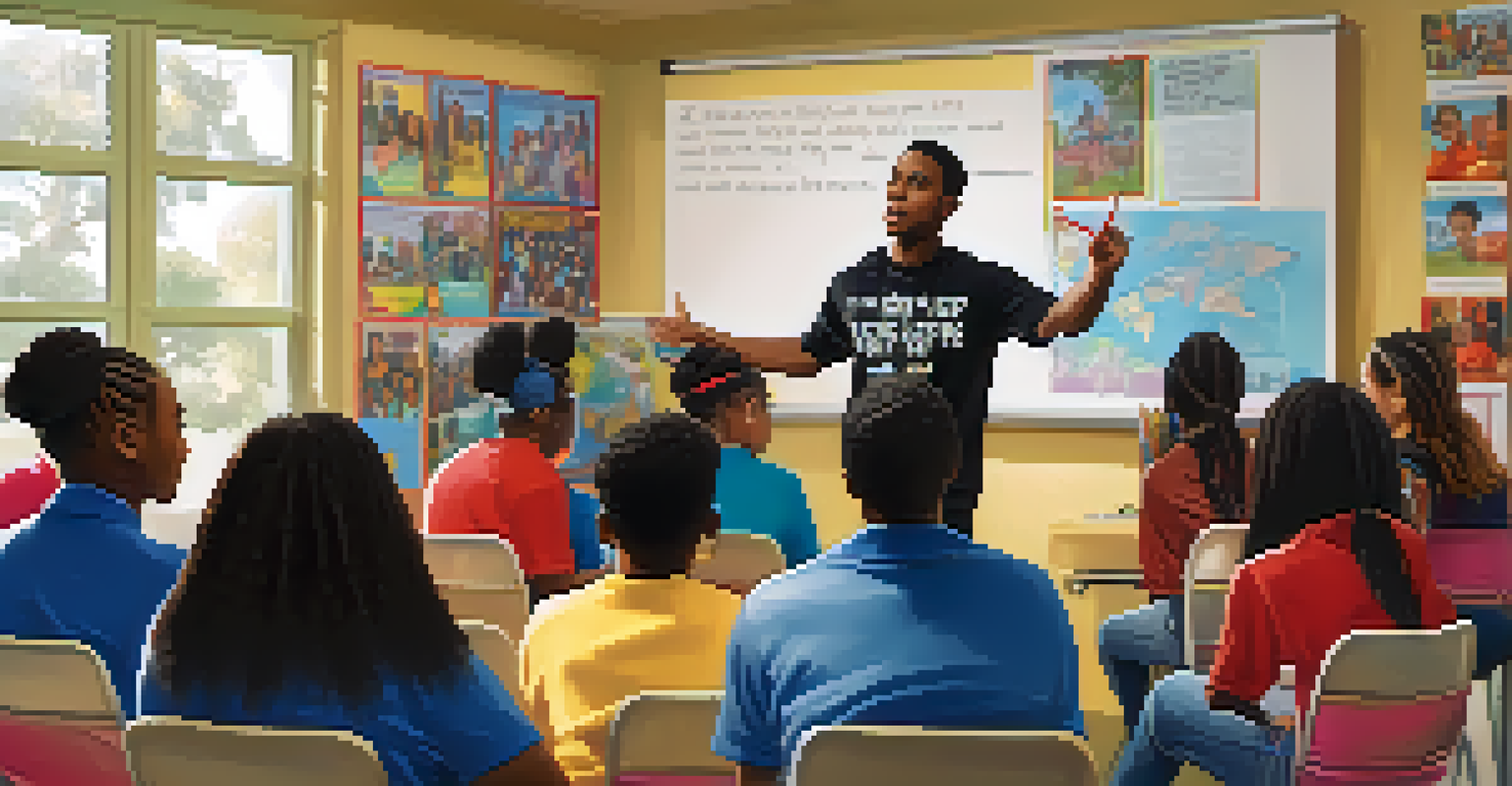 A young leader conducting a workshop with engaged teenagers in a bright classroom, fostering a collaborative learning environment.