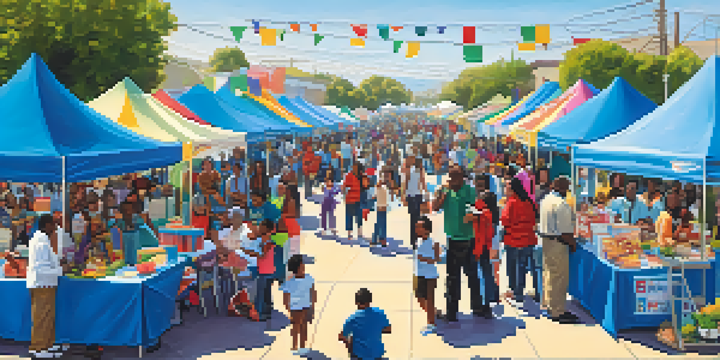 A diverse group of people at a community health fair in Compton, engaging in activities like cooking demonstrations and health screenings, with colorful decorations around them.