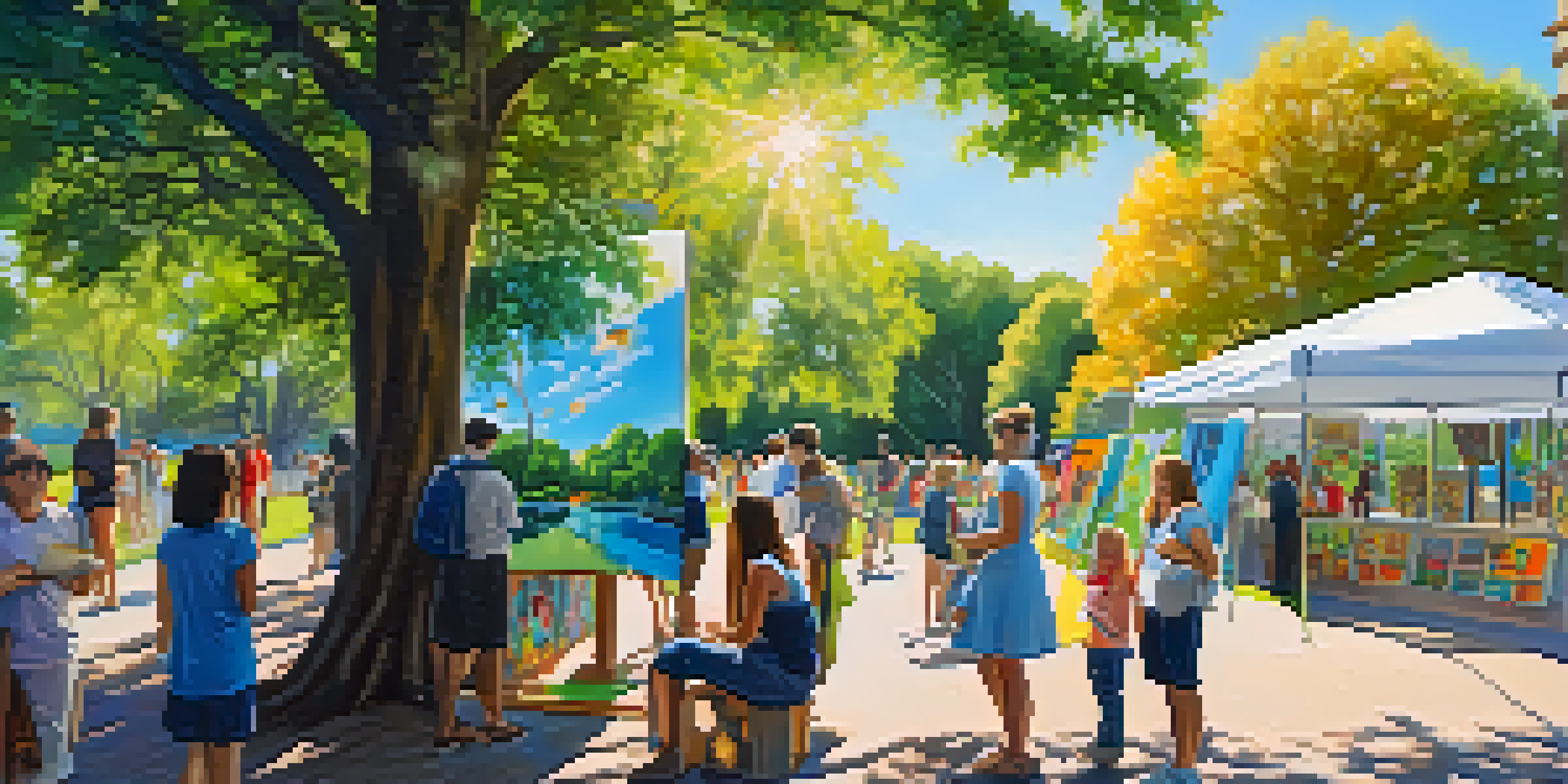 A lively outdoor art exhibition in a park with colorful installations and people interacting with the art under the sunlight.