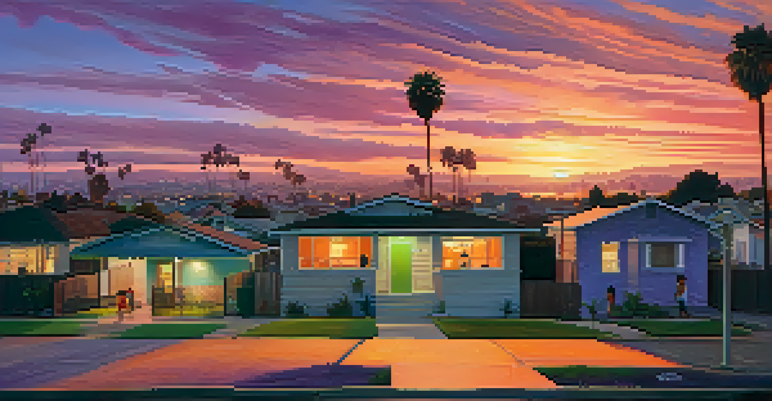 A beautiful sunset over a Compton neighborhood with children playing in the foreground.
