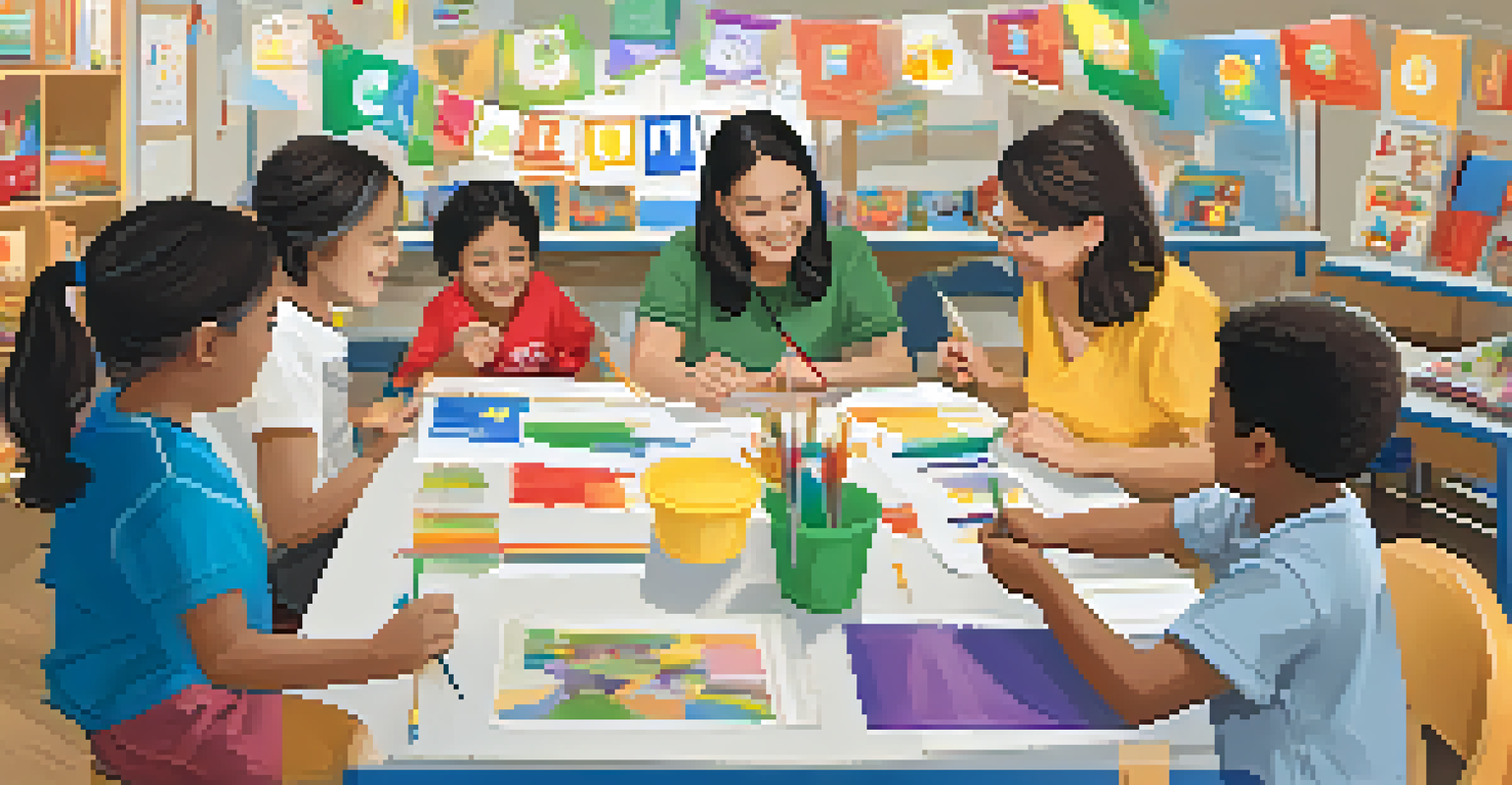 Ms. Angela Reyes leading a community workshop with families and students in a cozy space, filled with colorful banners and educational materials.