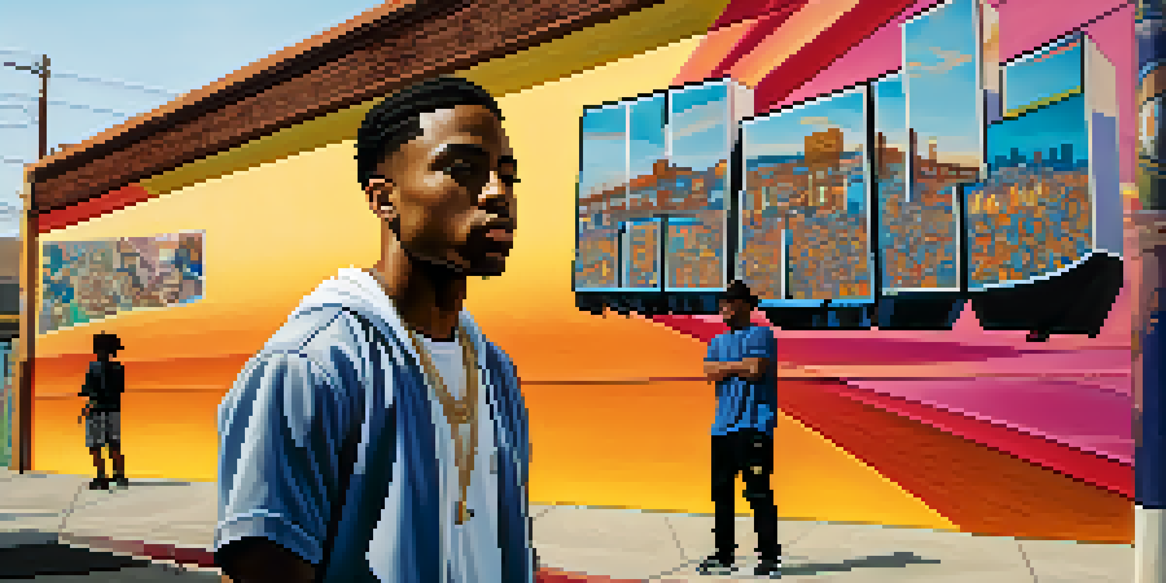 A young man in front of a colorful mural in Compton, California, with a warm sunset in the background.