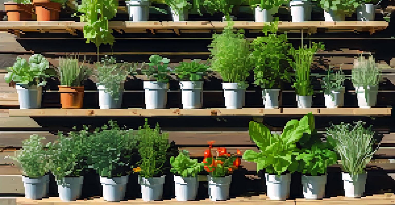 A close-up view of a vertical garden with herbs and vegetables, set against a blurred urban backdrop.