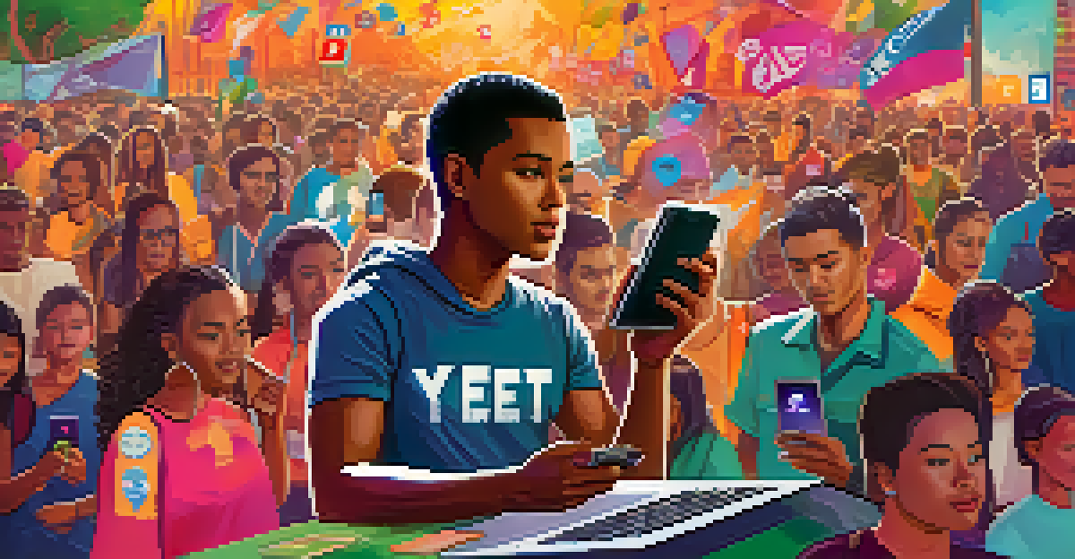A young leader using a smartphone to organize a community event, surrounded by social media icons and vibrant graphics.