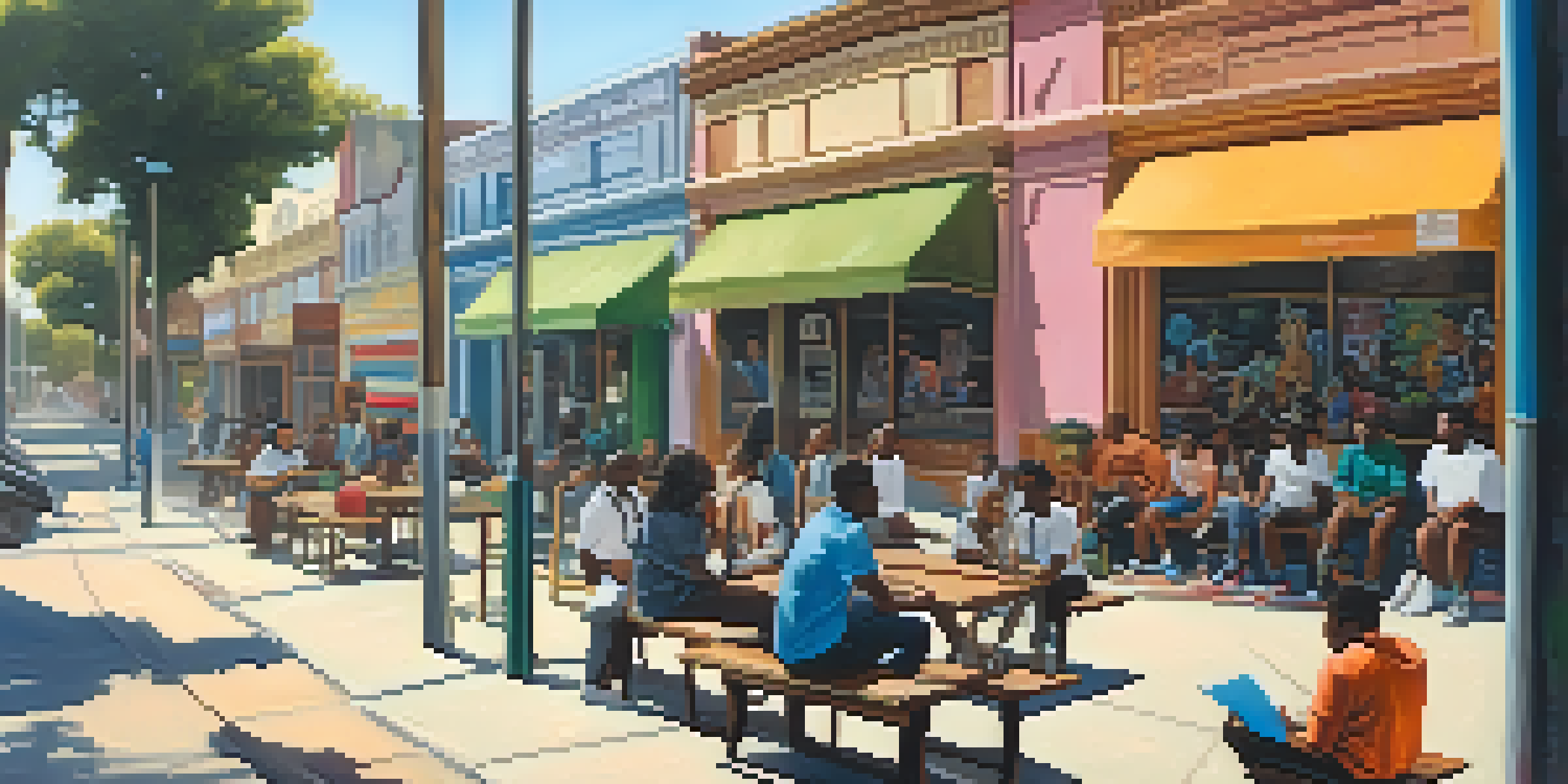 A lively street scene in Compton with diverse individuals engaged in creative activities under bright murals, capturing the essence of community and resilience.