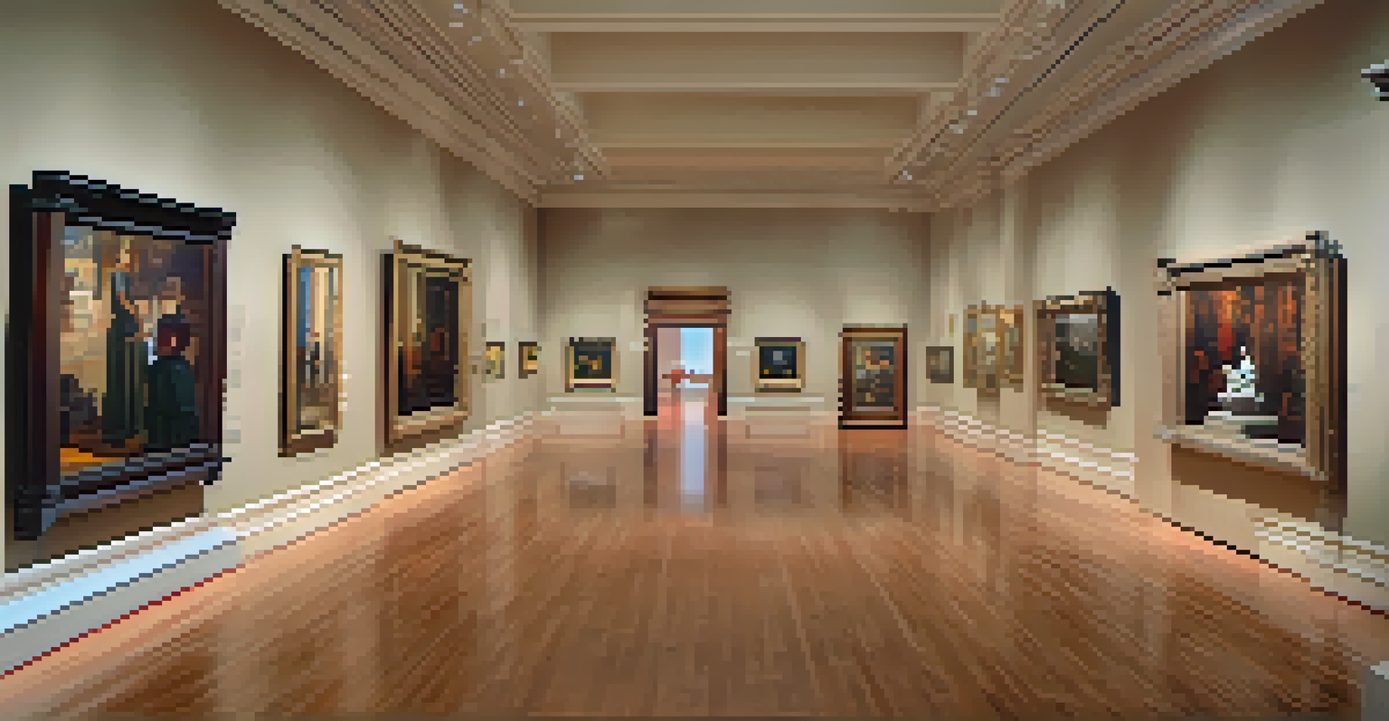 The interior of the Compton Art Museum filled with diverse artworks and visitors exploring the exhibits in a warm and inviting atmosphere.