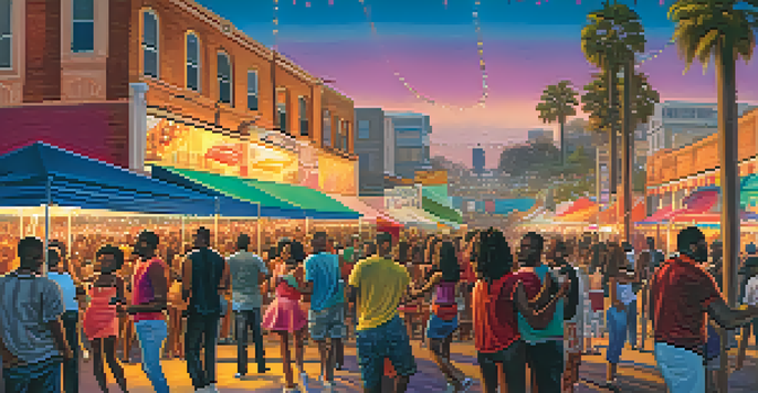 A lively R&B festival in Compton, with musicians on stage and a diverse audience enjoying the performance under colorful lights during sunset.